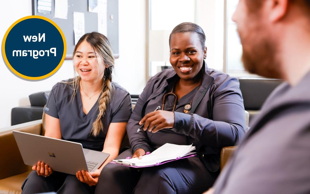 nursing students studying. Image features a badge in the upper right corner reading "New Program".